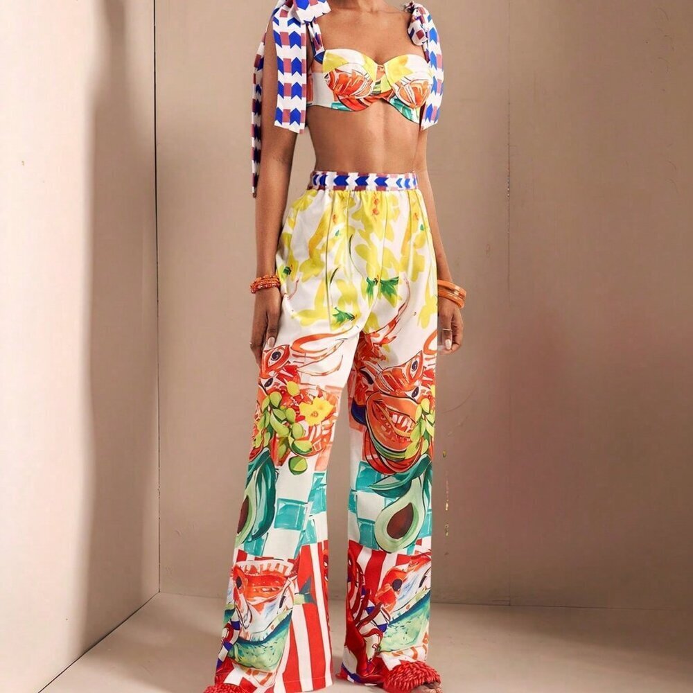 Boho Women's Beach Holiday Bowknot Shoulder Straps crop top and pants set - Picture 3 of 6